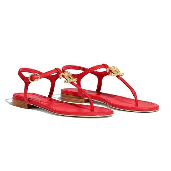Chanel 20C Red Lambskin Gold CC Logo Mule Ankle Strap Thong Sandal Flat 36.5C - Picture 4 of 9